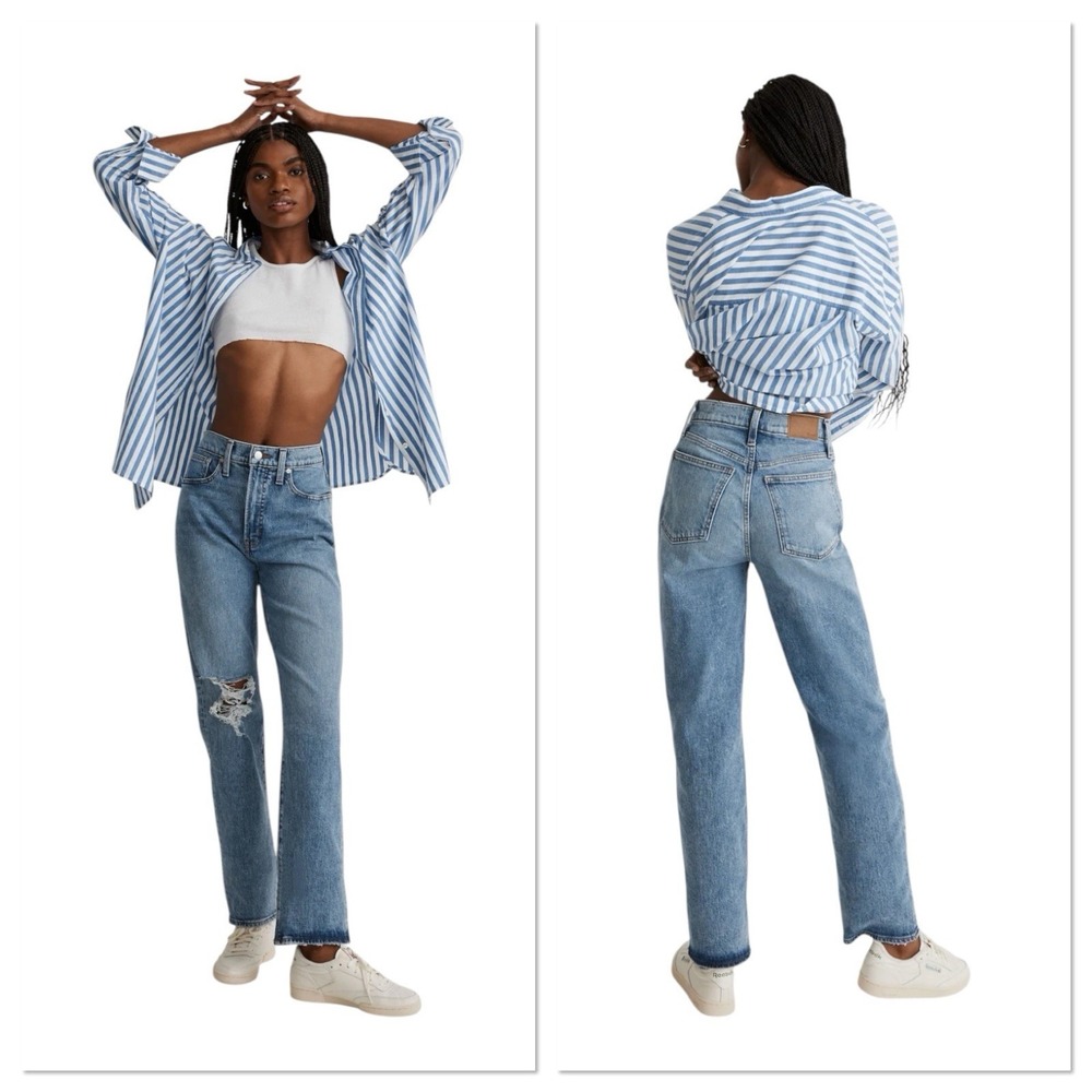 Madewell The Perfect Vintage Straight Jean in Kingsbury Wash Knee-Rip Edition 31